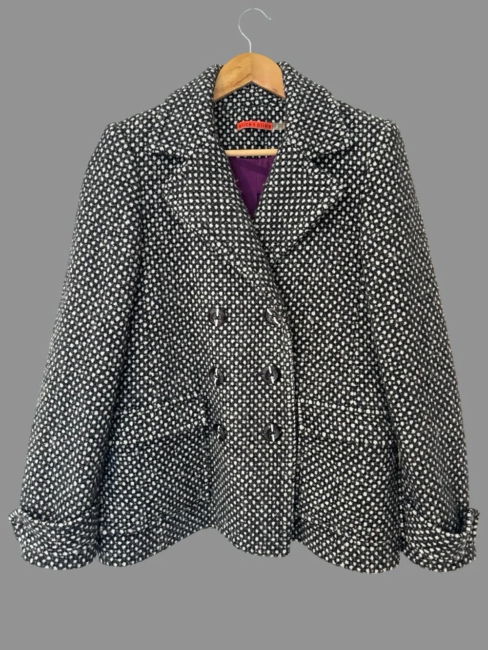 Alice + Olivia Black/ White Wool Blend Short Pea Coat L - Picture 1 of 9